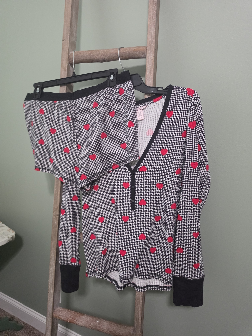 Victoria's Secret Black & White Gingham Henley with Red Heart Print